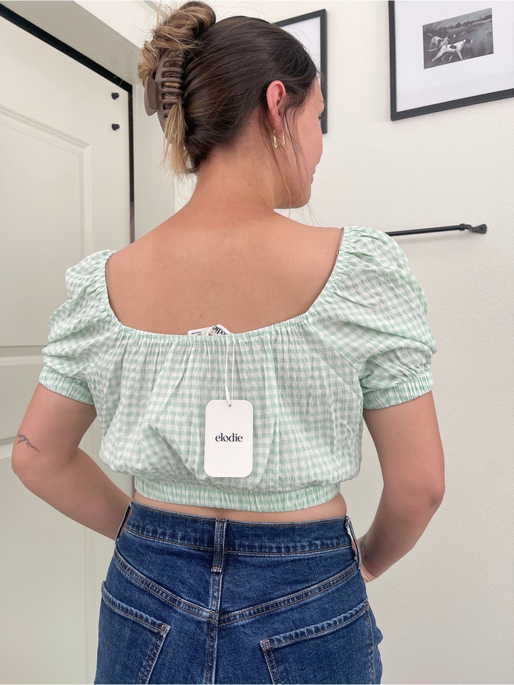 NWT 🏷️ Elodie by Anthropologie Mint Gingham Square-Neck Puff Sleeve Crop Top - Picture 6 of 6